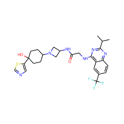 CC(C)c1nc(NCC(=O)NC2CN(C3CCC(O)(c4cncs4)CC3)C2)c2cc(C(F)(F)F)ccc2n1 ZINC000149144133