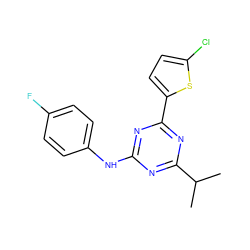 CC(C)c1nc(Nc2ccc(F)cc2)nc(-c2ccc(Cl)s2)n1 ZINC000142944385