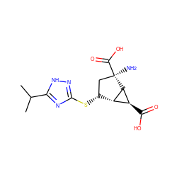 CC(C)c1nc(S[C@@H]2C[C@@](N)(C(=O)O)[C@@H]3[C@@H](C(=O)O)[C@H]23)n[nH]1 ZINC000204984535