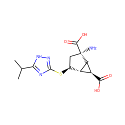 CC(C)c1nc(S[C@H]2C[C@@](N)(C(=O)O)[C@@H]3[C@@H](C(=O)O)[C@H]23)n[nH]1 ZINC000204984517