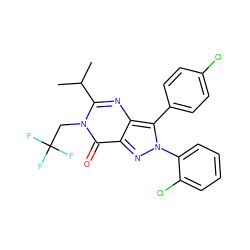 CC(C)c1nc2c(-c3ccc(Cl)cc3)n(-c3ccccc3Cl)nc2c(=O)n1CC(F)(F)F ZINC000028568339