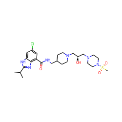 CC(C)c1nc2c(C(=O)NCC3CCN(C[C@H](O)CN4CCN(S(C)(=O)=O)CC4)CC3)cc(Cl)cc2[nH]1 ZINC000096272873