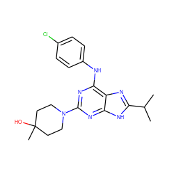 CC(C)c1nc2c(Nc3ccc(Cl)cc3)nc(N3CCC(C)(O)CC3)nc2[nH]1 ZINC000026734019