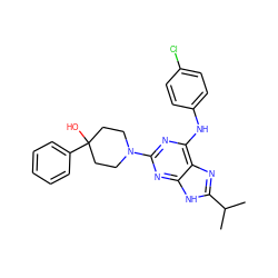 CC(C)c1nc2c(Nc3ccc(Cl)cc3)nc(N3CCC(O)(c4ccccc4)CC3)nc2[nH]1 ZINC000026731873