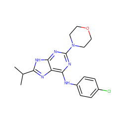 CC(C)c1nc2c(Nc3ccc(Cl)cc3)nc(N3CCOCC3)nc2[nH]1 ZINC000026734860