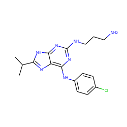 CC(C)c1nc2c(Nc3ccc(Cl)cc3)nc(NCCCN)nc2[nH]1 ZINC000026729809