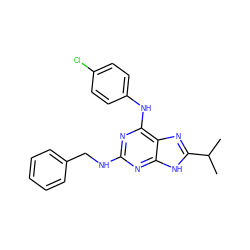 CC(C)c1nc2c(Nc3ccc(Cl)cc3)nc(NCc3ccccc3)nc2[nH]1 ZINC000026729814