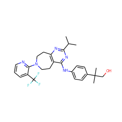 CC(C)c1nc2c(c(Nc3ccc(C(C)(C)CO)cc3)n1)CCN(c1ncccc1C(F)(F)F)CC2 ZINC000144483748