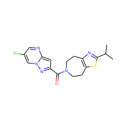 CC(C)c1nc2c(s1)CCN(C(=O)c1cc3ncc(Cl)cn3n1)CC2 ZINC000150231920