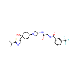 CC(C)c1ncc([C@]2(O)CC[C@H](N3CC(NC(=O)CNC(=O)c4cccc(C(F)(F)F)c4)C3)CC2)s1 ZINC000101588036