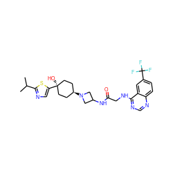 CC(C)c1ncc([C@]2(O)CC[C@H](N3CC(NC(=O)CNc4ncnc5ccc(C(F)(F)F)cc45)C3)CC2)s1 ZINC000101657541