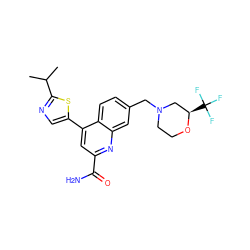 CC(C)c1ncc(-c2cc(C(N)=O)nc3cc(CN4CCO[C@H](C(F)(F)F)C4)ccc23)s1 ZINC000221609324