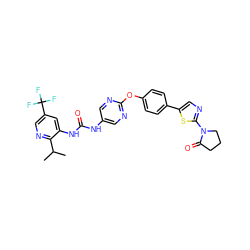 CC(C)c1ncc(C(F)(F)F)cc1NC(=O)Nc1cnc(Oc2ccc(-c3cnc(N4CCCC4=O)s3)cc2)nc1 ZINC000143889180