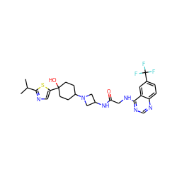 CC(C)c1ncc(C2(O)CCC(N3CC(NC(=O)CNc4ncnc5ccc(C(F)(F)F)cc45)C3)CC2)s1 ZINC000095596069