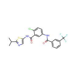 CC(C)c1ncc(NC(=O)c2cc(NC(=O)c3cccc(C(F)(F)F)c3)ccc2Cl)s1 ZINC000040913728