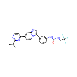 CC(C)c1nccc(-c2ccn3c(-c4cccc(NC(=O)NCC(F)(F)F)c4)cnc3c2)n1 ZINC000169704694