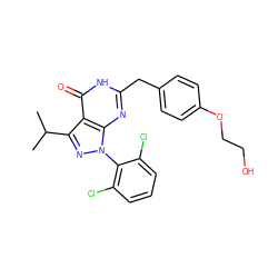 CC(C)c1nn(-c2c(Cl)cccc2Cl)c2nc(Cc3ccc(OCCO)cc3)[nH]c(=O)c12 ZINC000029056064