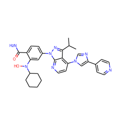 CC(C)c1nn(-c2ccc(C(N)=O)c(N(O)C3CCCCC3)c2)c2nccc(-n3cnc(-c4ccncc4)c3)c12 ZINC000169703499