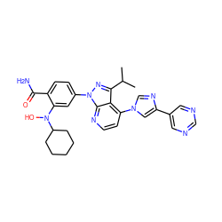 CC(C)c1nn(-c2ccc(C(N)=O)c(N(O)C3CCCCC3)c2)c2nccc(-n3cnc(-c4cncnc4)c3)c12 ZINC000169703500