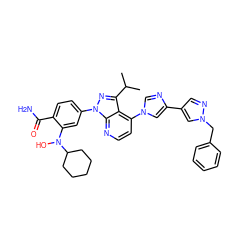 CC(C)c1nn(-c2ccc(C(N)=O)c(N(O)C3CCCCC3)c2)c2nccc(-n3cnc(-c4cnn(Cc5ccccc5)c4)c3)c12 ZINC000169703504