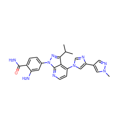 CC(C)c1nn(-c2ccc(C(N)=O)c(N)c2)c2nccc(-n3cnc(-c4cnn(C)c4)c3)c12 ZINC000169703513