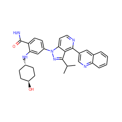 CC(C)c1nn(-c2ccc(C(N)=O)c(N[C@H]3CC[C@H](O)CC3)c2)c2ccnc(-c3cnc4ccccc4c3)c12 ZINC000261158130