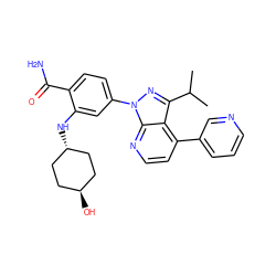 CC(C)c1nn(-c2ccc(C(N)=O)c(N[C@H]3CC[C@H](O)CC3)c2)c2nccc(-c3cccnc3)c12 ZINC000261130023