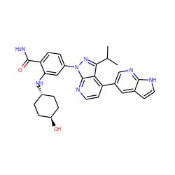 CC(C)c1nn(-c2ccc(C(N)=O)c(N[C@H]3CC[C@H](O)CC3)c2)c2nccc(-c3cnc4[nH]ccc4c3)c12 ZINC000261178018