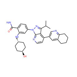 CC(C)c1nn(-c2ccc(C(N)=O)c(N[C@H]3CC[C@H](O)CC3)c2)c2nccc(-c3cnc4c(c3)CCCC4)c12 ZINC000261162781