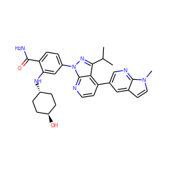 CC(C)c1nn(-c2ccc(C(N)=O)c(N[C@H]3CC[C@H](O)CC3)c2)c2nccc(-c3cnc4c(ccn4C)c3)c12 ZINC000261089463