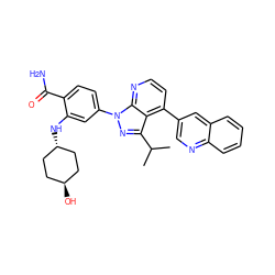 CC(C)c1nn(-c2ccc(C(N)=O)c(N[C@H]3CC[C@H](O)CC3)c2)c2nccc(-c3cnc4ccccc4c3)c12 ZINC000261175761