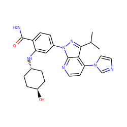 CC(C)c1nn(-c2ccc(C(N)=O)c(N[C@H]3CC[C@H](O)CC3)c2)c2nccc(-n3ccnc3)c12 ZINC000261111438