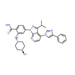 CC(C)c1nn(-c2ccc(C(N)=O)c(N[C@H]3CC[C@H](O)CC3)c2)c2nccc(-n3cnc(-c4ccccc4)c3)c12 ZINC000261100403