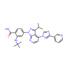 CC(C)c1nn(-c2ccc(C(N)=O)c(NC(C)(C)C)c2)c2nccc(-n3cnc(-c4cccnc4)c3)c12 ZINC000169703543