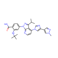 CC(C)c1nn(-c2ccc(C(N)=O)c(NC(C)(C)C)c2)c2nccc(-n3cnc(-c4cnn(C)c4)c3)c12 ZINC000169703517