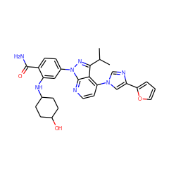 CC(C)c1nn(-c2ccc(C(N)=O)c(NC3CCC(O)CC3)c2)c2nccc(-n3cnc(-c4ccco4)c3)c12 ZINC000169703502