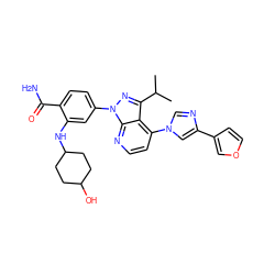 CC(C)c1nn(-c2ccc(C(N)=O)c(NC3CCC(O)CC3)c2)c2nccc(-n3cnc(-c4ccoc4)c3)c12 ZINC000169240947