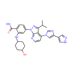 CC(C)c1nn(-c2ccc(C(N)=O)c(NC3CCC(O)CC3)c2)c2nccc(-n3cnc(-c4cn[nH]c4)c3)c12 ZINC000169703506