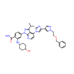 CC(C)c1nn(-c2ccc(C(N)=O)c(NC3CCC(O)CC3)c2)c2nccc(-n3cnc(-c4cnn(CCOCc5ccccc5)c4)c3)c12 ZINC000169703505