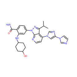 CC(C)c1nn(-c2ccc(C(N)=O)c(NC3CCC(O)CC3)c2)c2nccc(-n3cnc(-n4ccnc4)c3)c12 ZINC000169703503