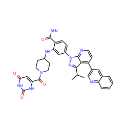 CC(C)c1nn(-c2ccc(C(N)=O)c(NC3CCN(C(=O)c4cc(=O)[nH]c(=O)[nH]4)CC3)c2)c2nccc(-c3cnc4ccccc4c3)c12 ZINC000169703493