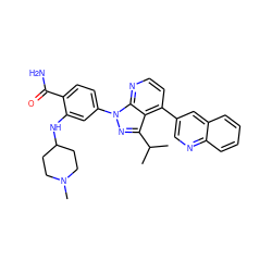 CC(C)c1nn(-c2ccc(C(N)=O)c(NC3CCN(C)CC3)c2)c2nccc(-c3cnc4ccccc4c3)c12 ZINC000169703462