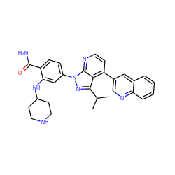 CC(C)c1nn(-c2ccc(C(N)=O)c(NC3CCNCC3)c2)c2nccc(-c3cnc4ccccc4c3)c12 ZINC000169703491