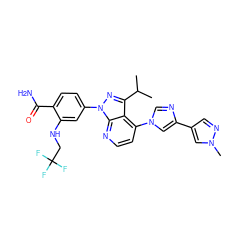 CC(C)c1nn(-c2ccc(C(N)=O)c(NCC(F)(F)F)c2)c2nccc(-n3cnc(-c4cnn(C)c4)c3)c12 ZINC000169703519