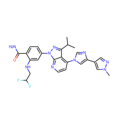 CC(C)c1nn(-c2ccc(C(N)=O)c(NCC(F)F)c2)c2nccc(-n3cnc(-c4cnn(C)c4)c3)c12 ZINC000169703518
