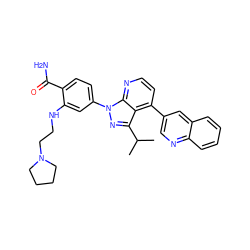 CC(C)c1nn(-c2ccc(C(N)=O)c(NCCN3CCCC3)c2)c2nccc(-c3cnc4ccccc4c3)c12 ZINC000169703460