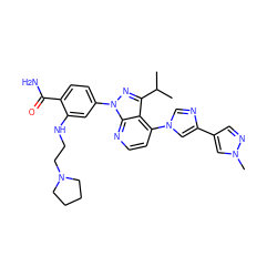 CC(C)c1nn(-c2ccc(C(N)=O)c(NCCN3CCCC3)c2)c2nccc(-n3cnc(-c4cnn(C)c4)c3)c12 ZINC000169703520