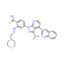 CC(C)c1nn(-c2ccc(C(N)=O)c(NCCN3CCOCC3)c2)c2nccc(-c3cnc4ccccc4c3)c12 ZINC000169703467