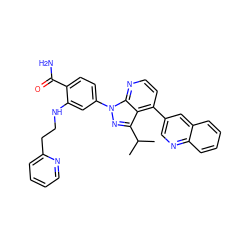 CC(C)c1nn(-c2ccc(C(N)=O)c(NCCc3ccccn3)c2)c2nccc(-c3cnc4ccccc4c3)c12 ZINC000169703465