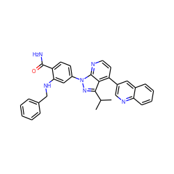 CC(C)c1nn(-c2ccc(C(N)=O)c(NCc3ccccc3)c2)c2nccc(-c3cnc4ccccc4c3)c12 ZINC000169703459